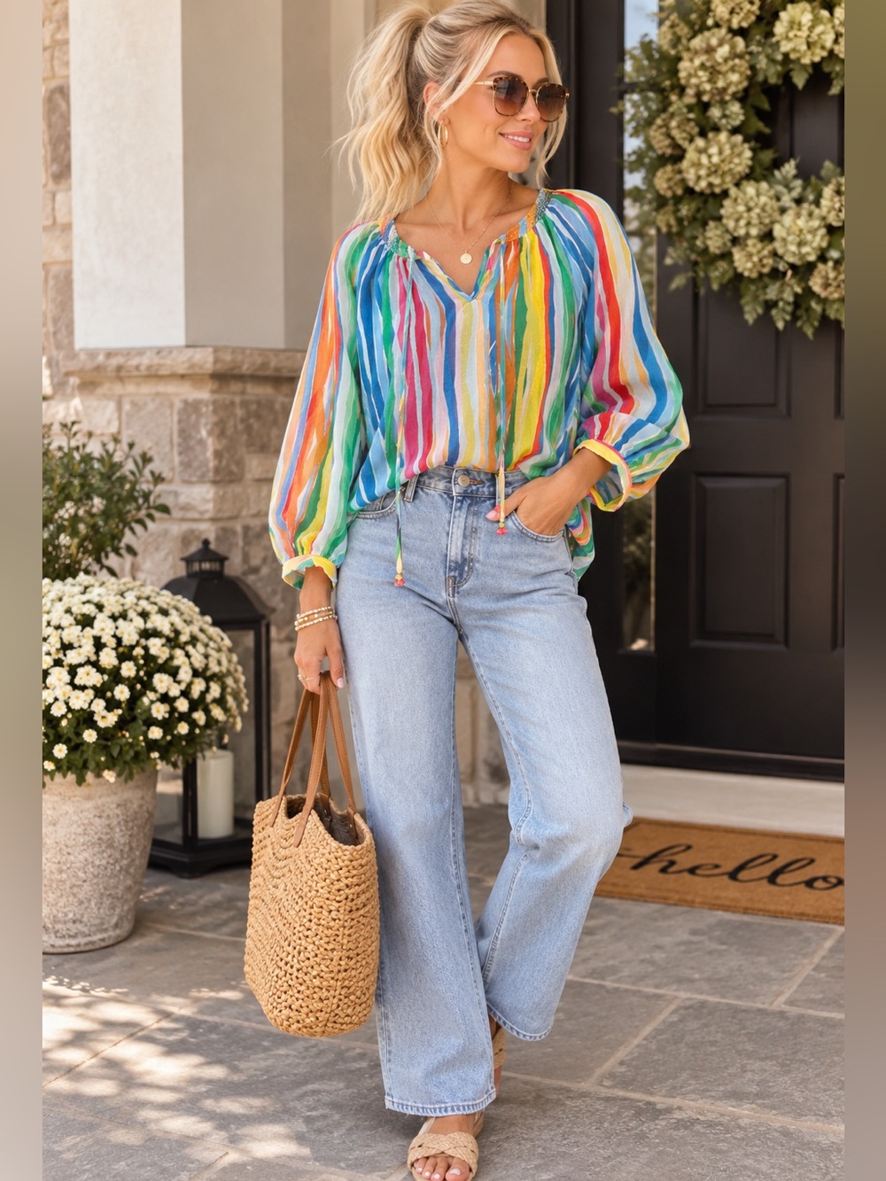 Ellen Tracy XS Multicolor Striped Boho Peasant Blouse Balloon Sleeve Tie Neck